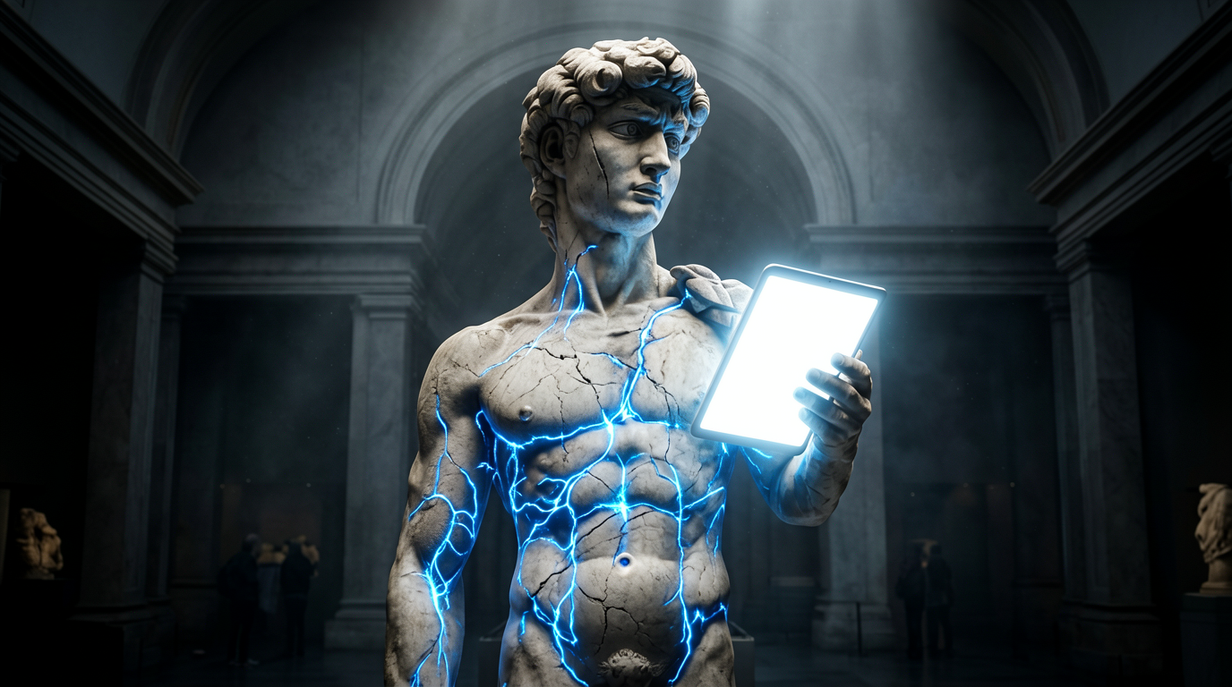 Michelangelo's David holding a glowing tablet, energy coursing through the marble.