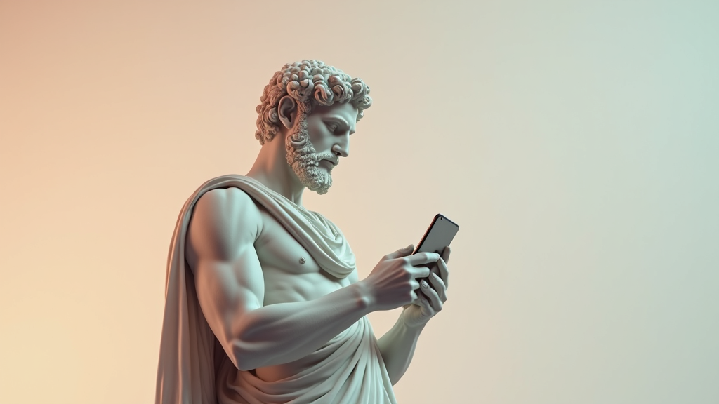 A marble statue quietly reading from a phone. Timeless focus, modern tools.
