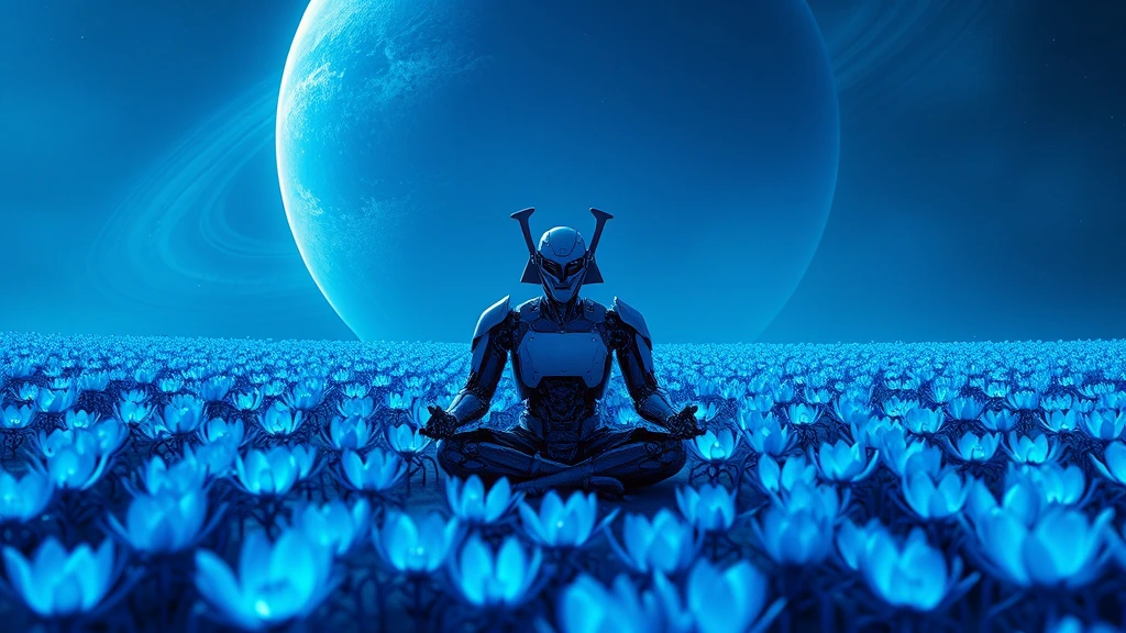 A robot samurai meditating in a field of glowing blue lilies under a ringed planet